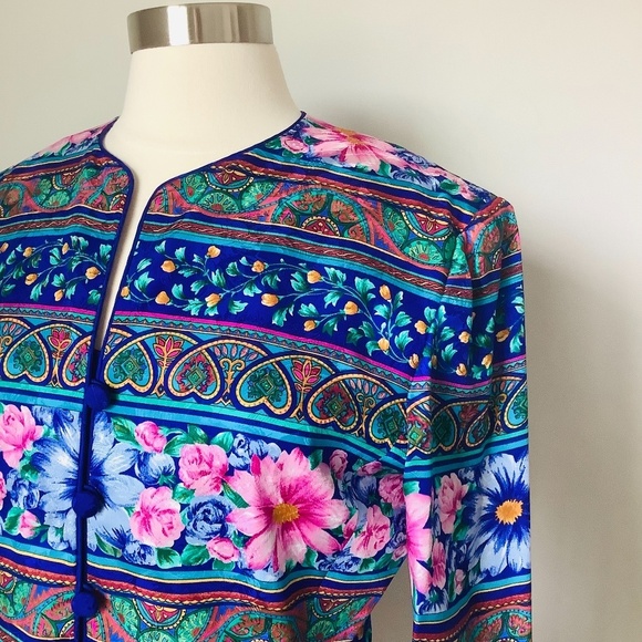 Vintage Adrianna Pappell New York 100% Silk Floral Blazer Jacket Size 10 - Picture 7 of 16